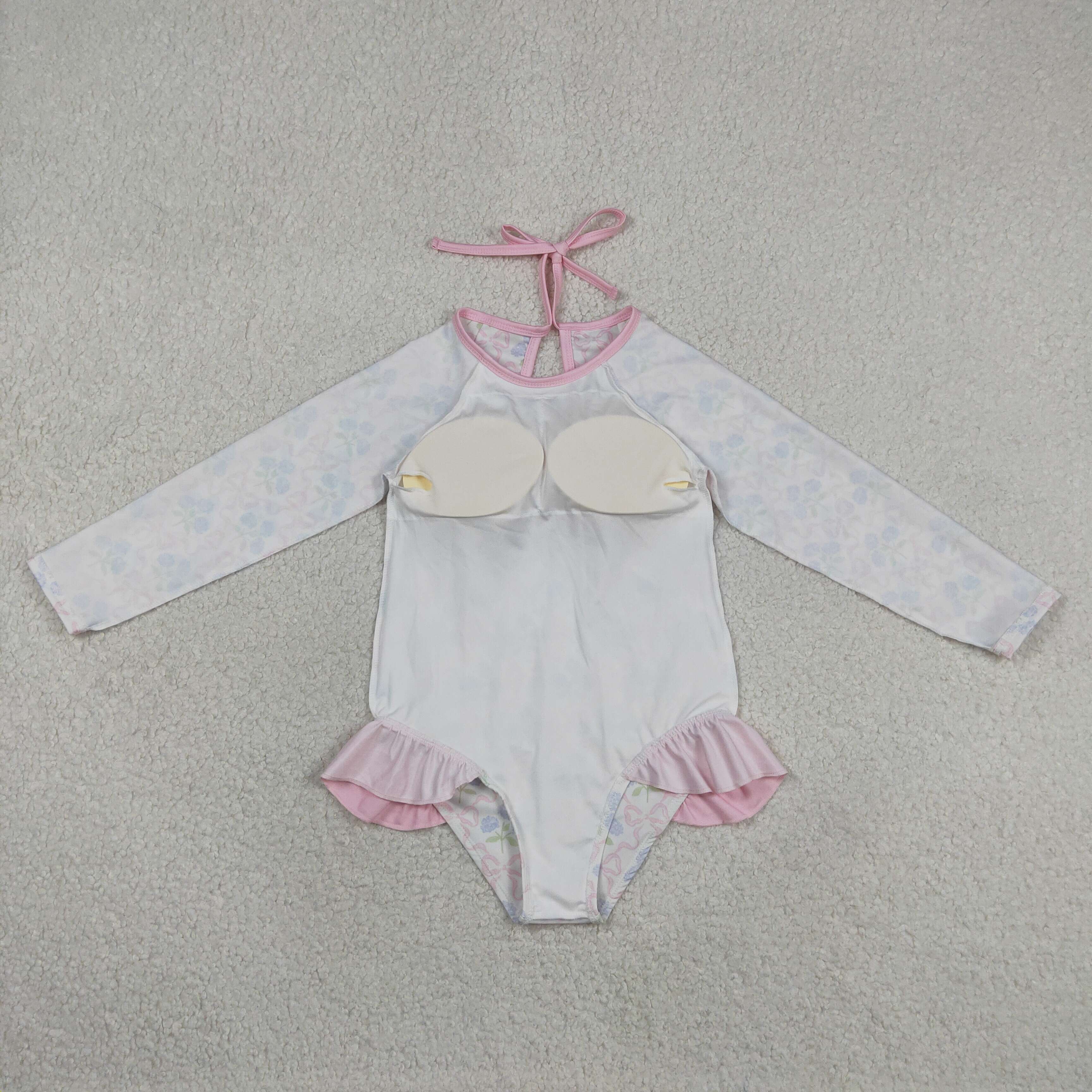S0655 Pink bows flowers print girl long sleeve swimsuit