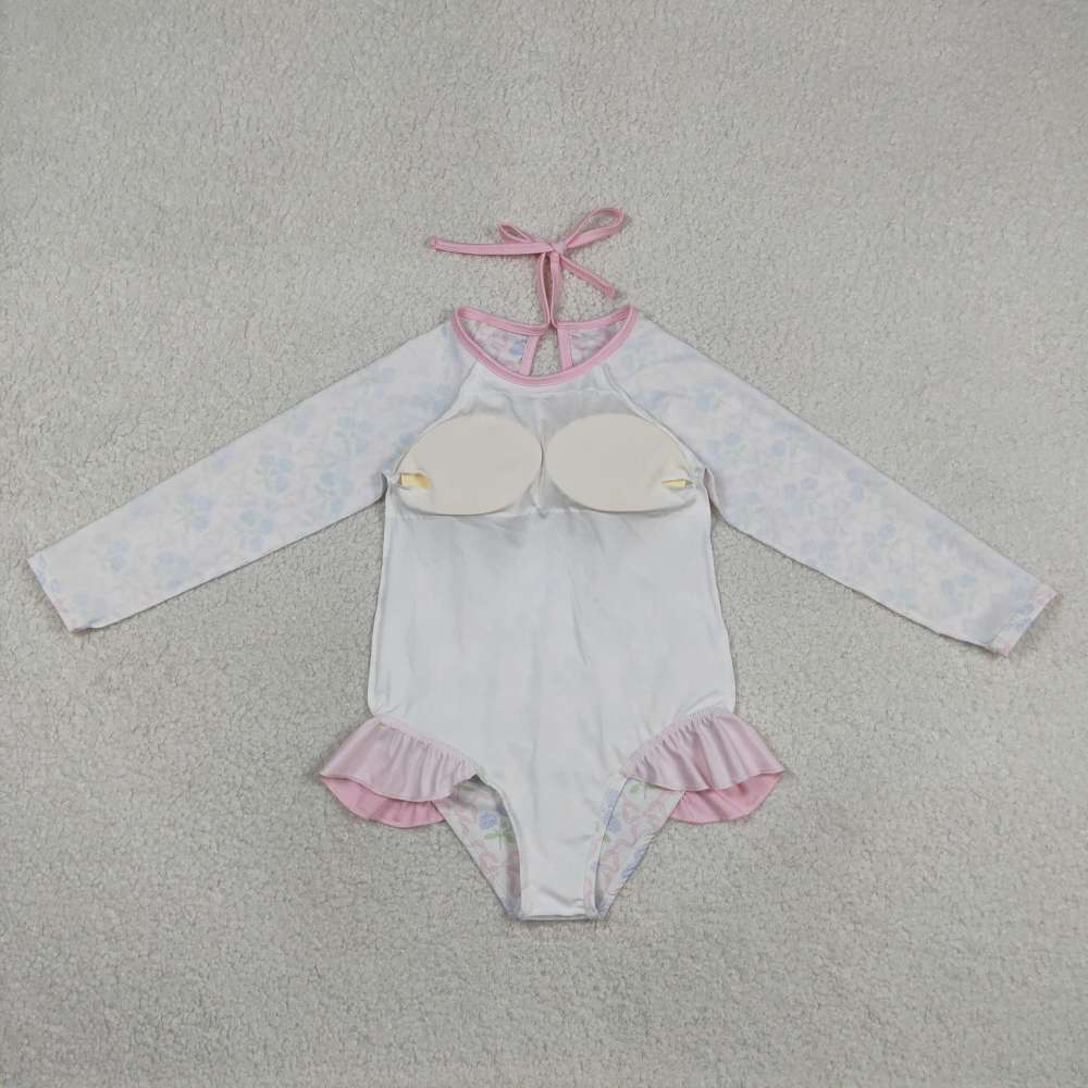 S0655 Pink bows flowers print girl long sleeve swimsuit