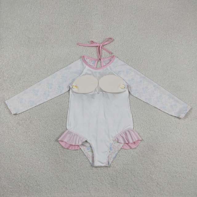 S0655 Pink bows flowers print girl long sleeve swimsuit