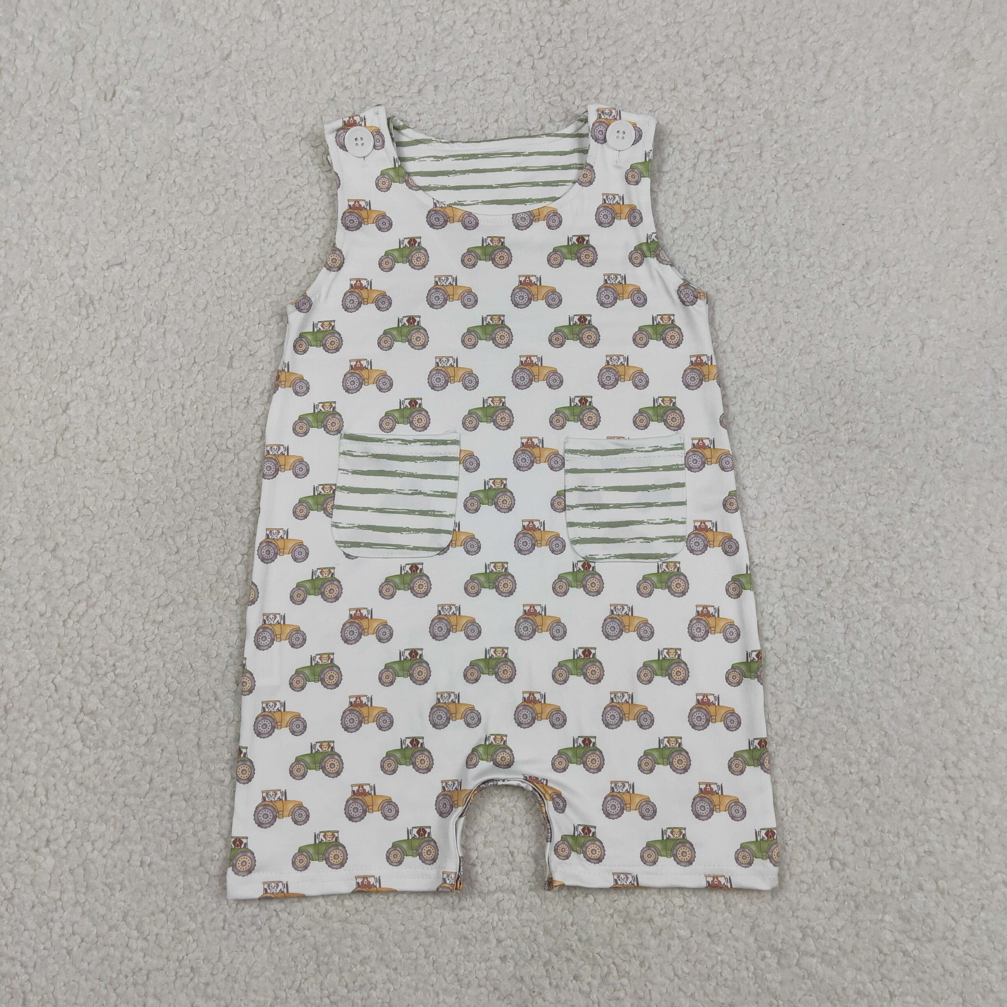 SR1586  Baby Tractor green stripe print sleeveless Rompers