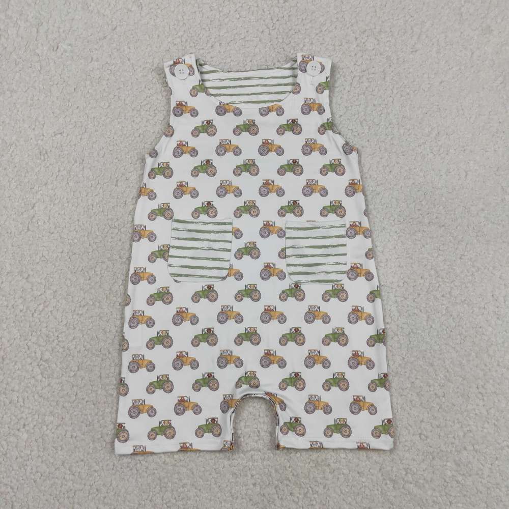 SR1586  Baby Tractor green stripe print sleeveless Rompers