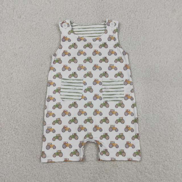 SR1586  Baby Tractor green stripe print sleeveless Rompers