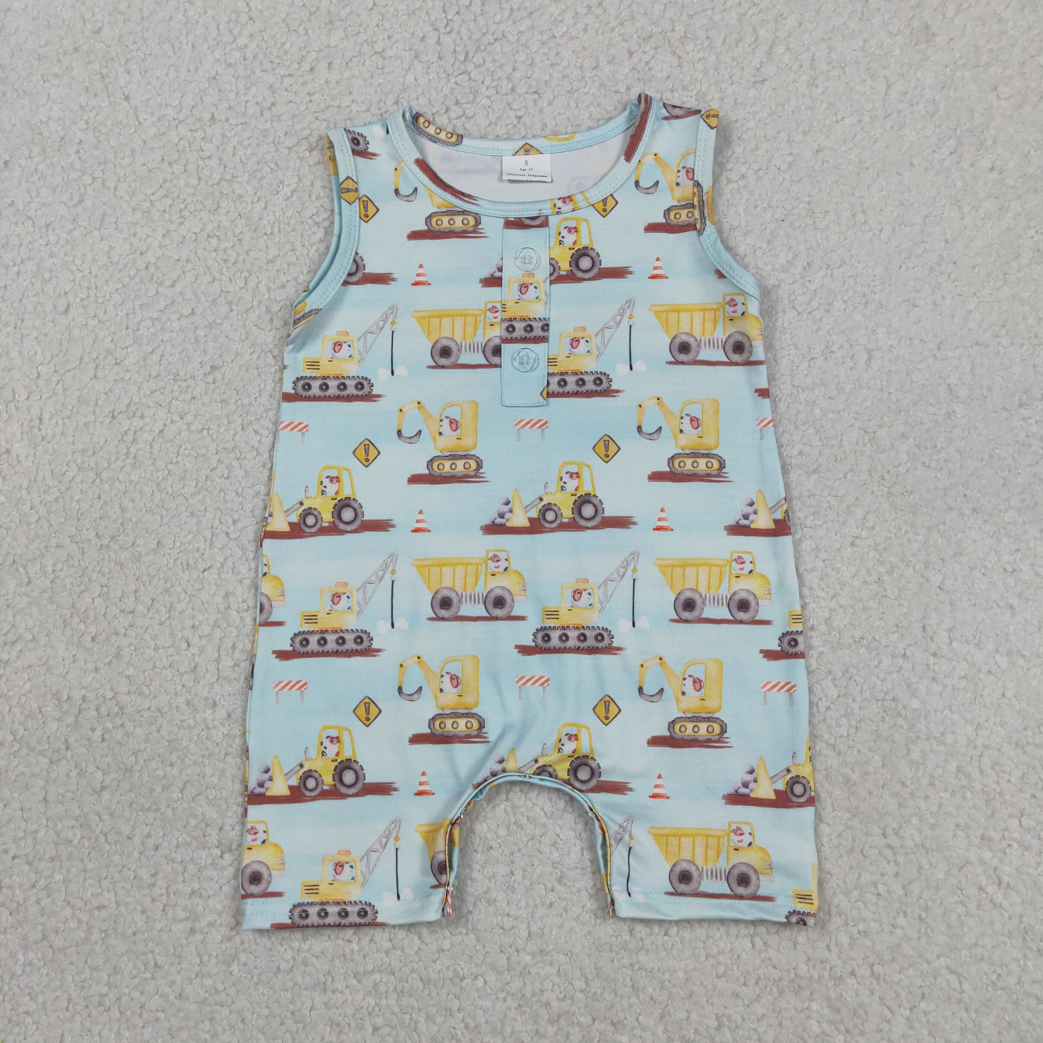 SR3085 Baby Yellow Construction Vehicle print sleeveless Rompers