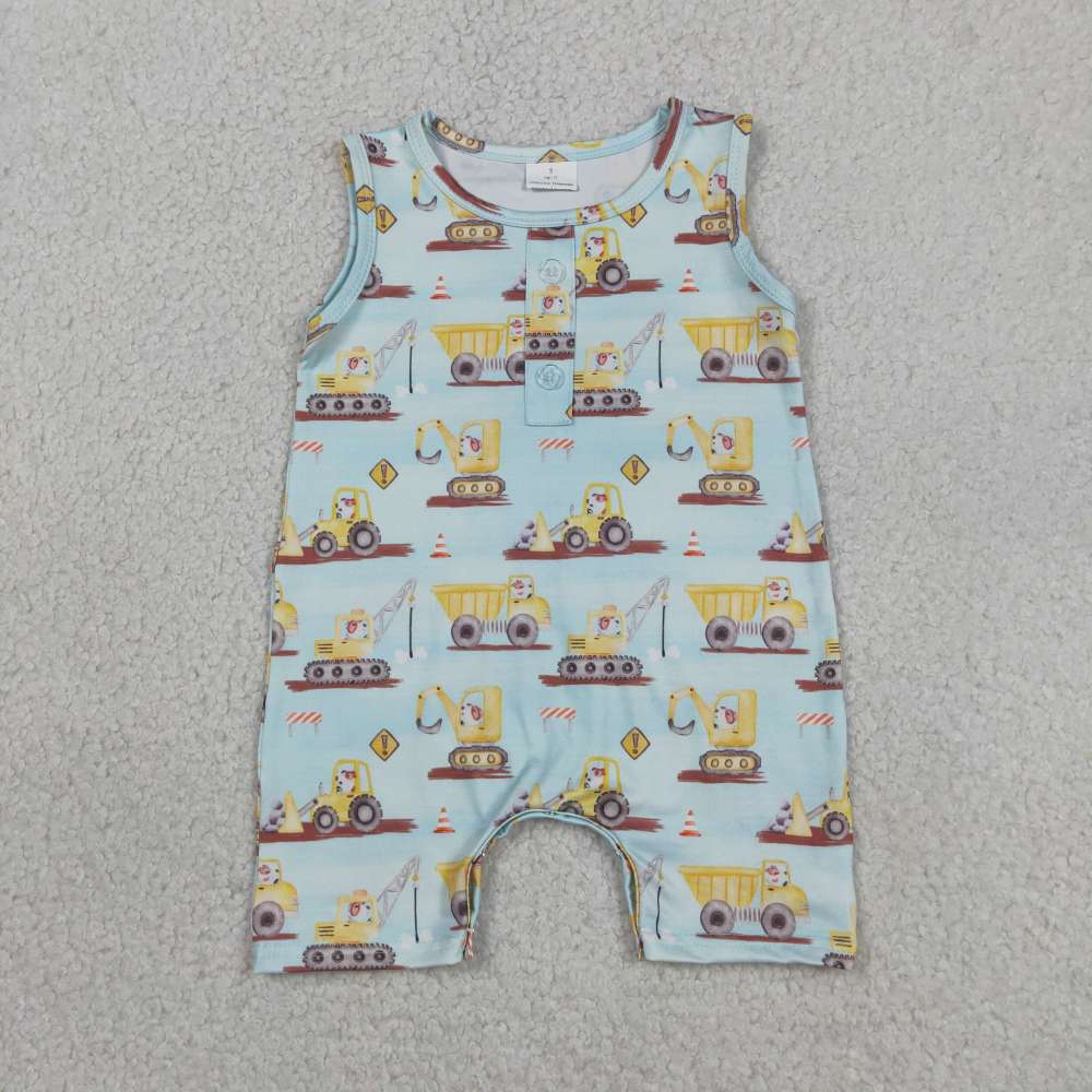 SR3085 Baby Yellow Construction Vehicle print sleeveless Rompers