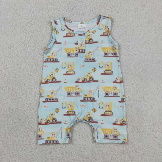 SR3085 Baby Yellow Construction Vehicle print sleeveless Rompers