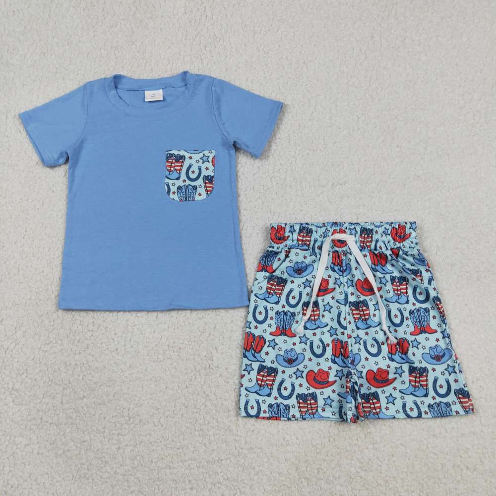 BSSO1829 RTS Red Blue 4th of july boots stars short sleeve boy outfits
