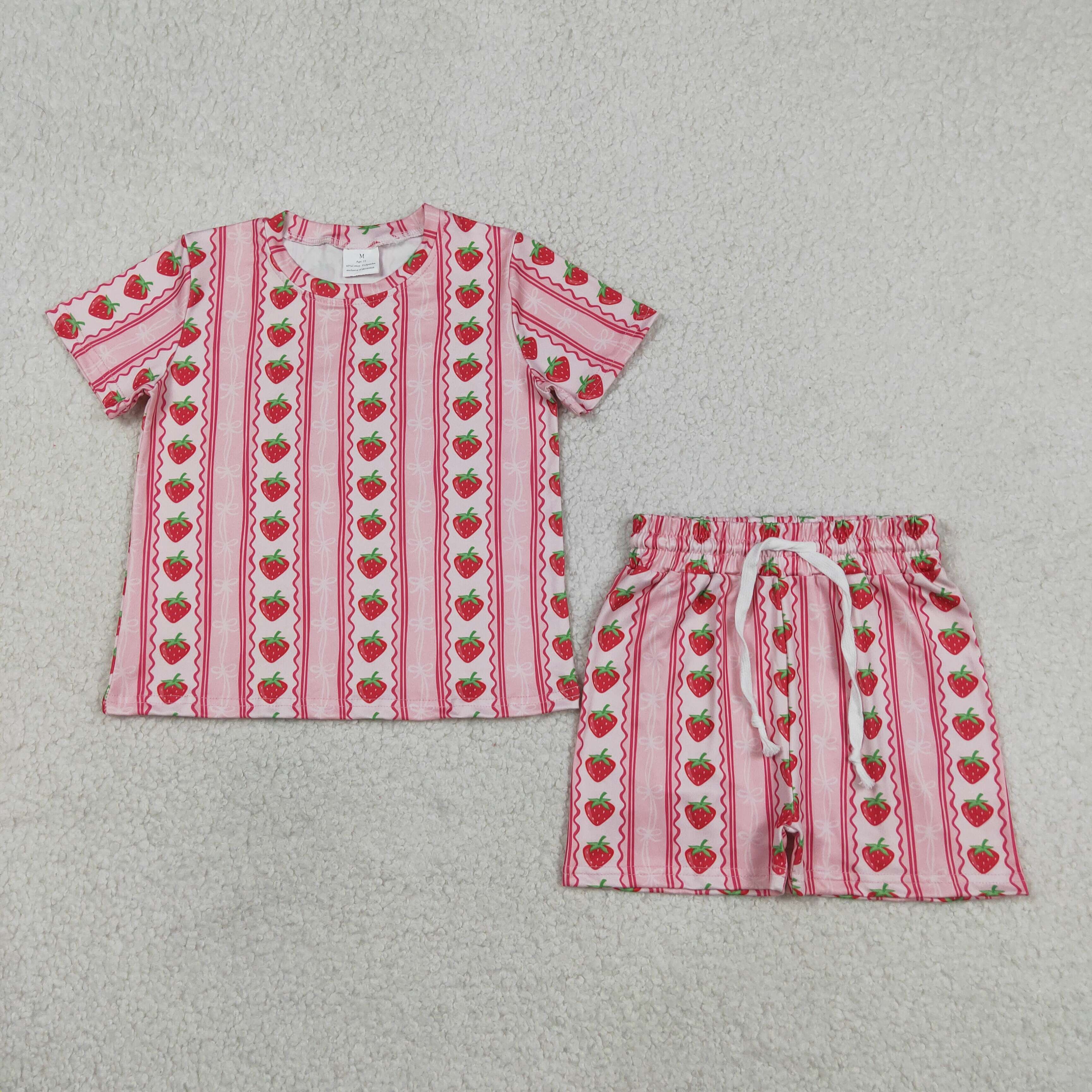 GSSO3649 red strawberry stripe Print short sleeve girl outfits
