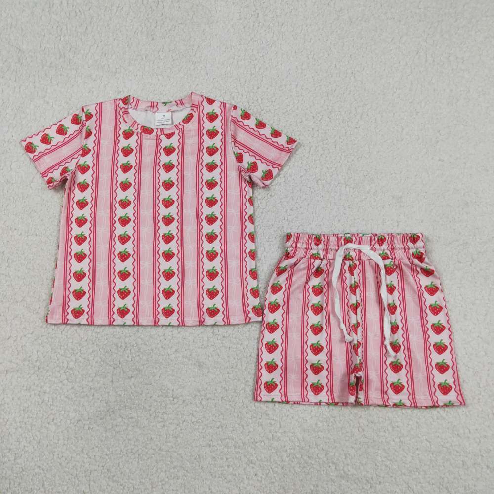 GSSO3649 red strawberry stripe Print short sleeve girl outfits