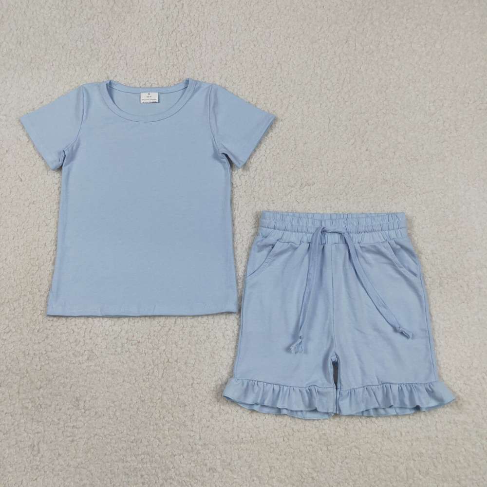 GSSO3349 sky blue solid Print short sleeve girl outfits