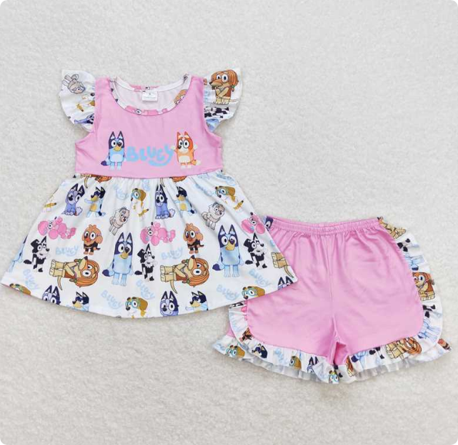 GSSO0388  Cartoon pink and white short-sleeved shorts set