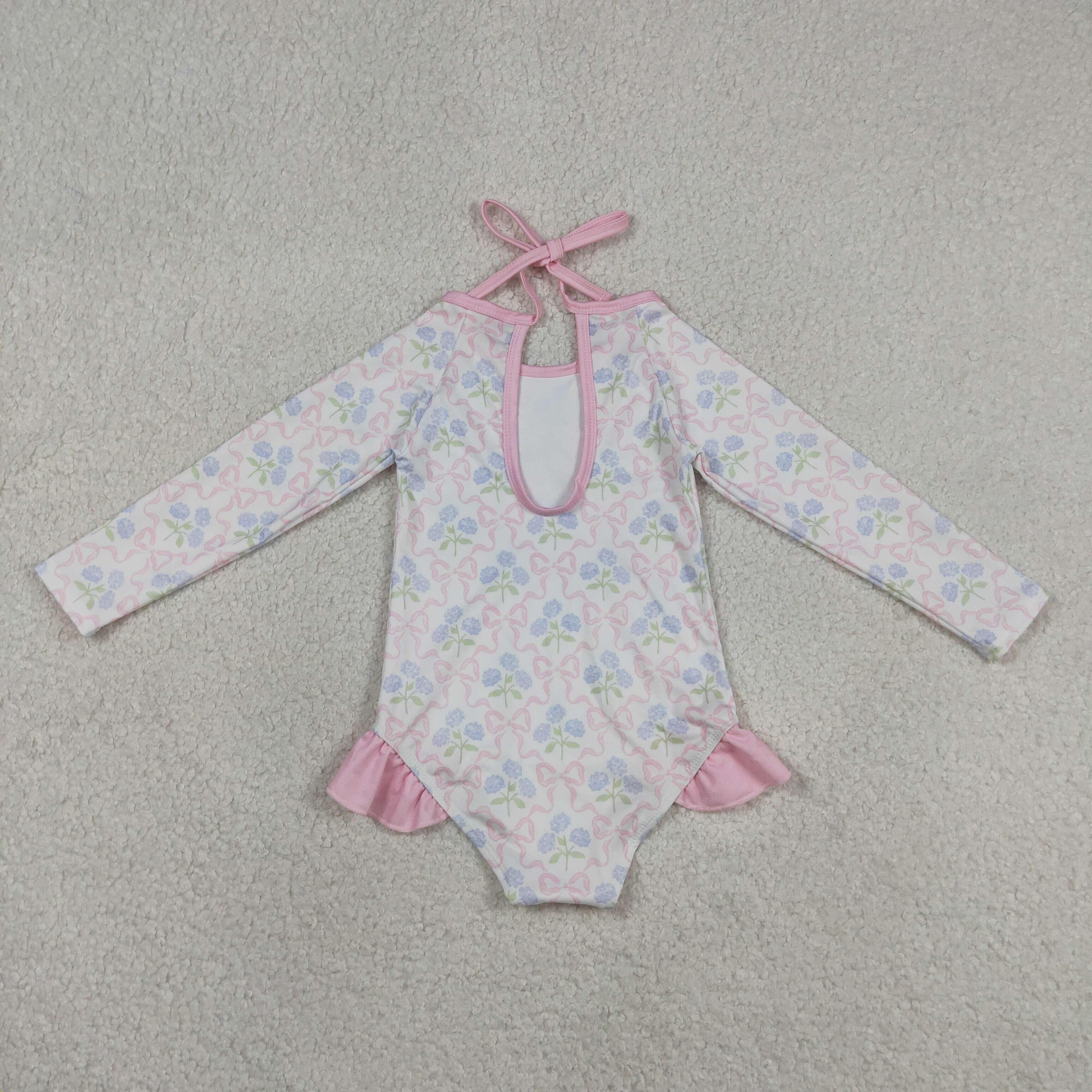 S0655 Pink bows flowers print girl long sleeve swimsuit