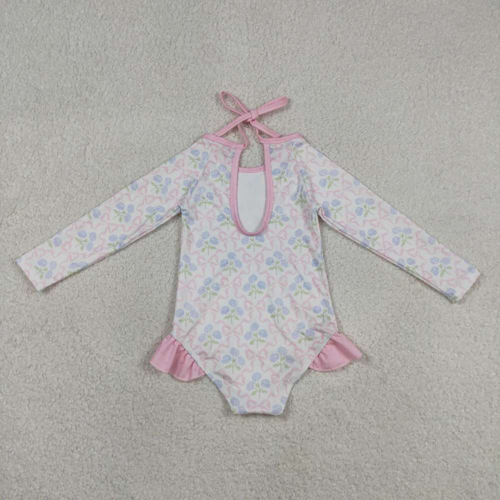S0655 Pink bows flowers print girl long sleeve swimsuit