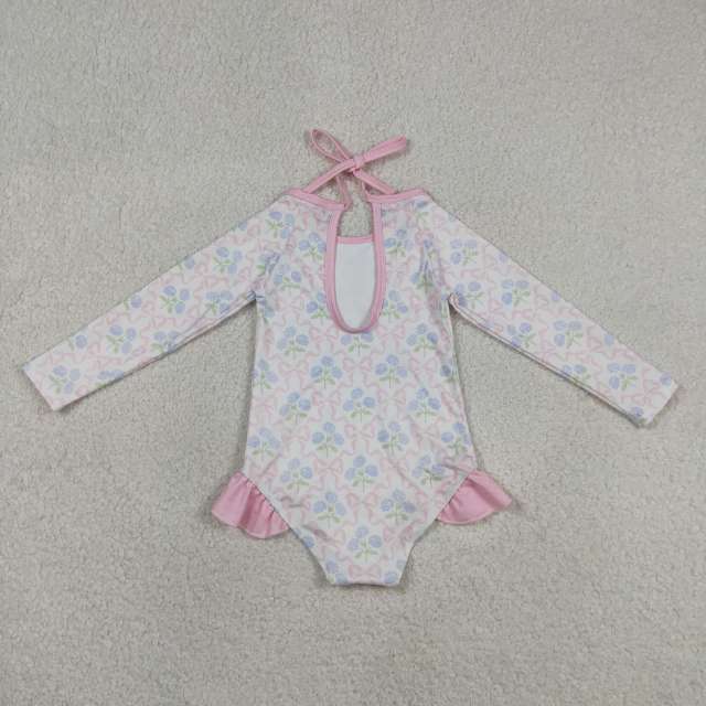 S0655 Pink bows flowers print girl long sleeve swimsuit