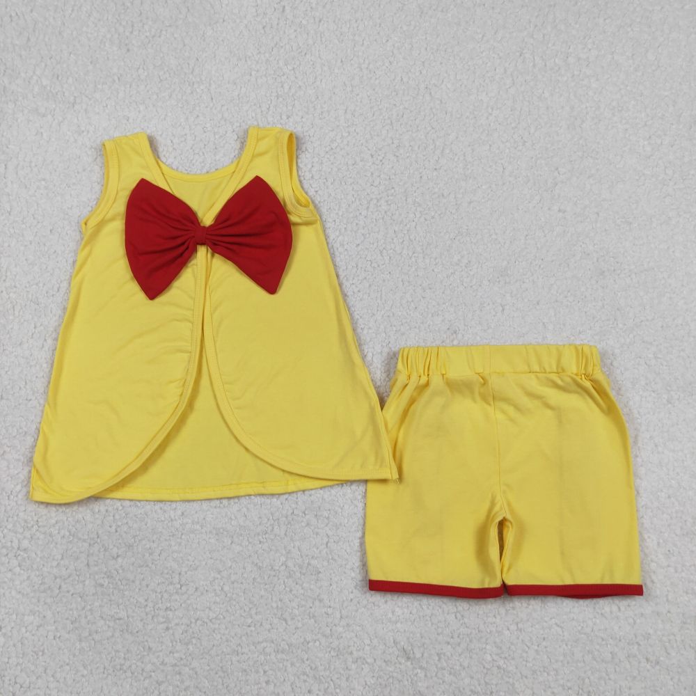 GSSO3466  red Bows yellow solid Print sleeveless girl outfits