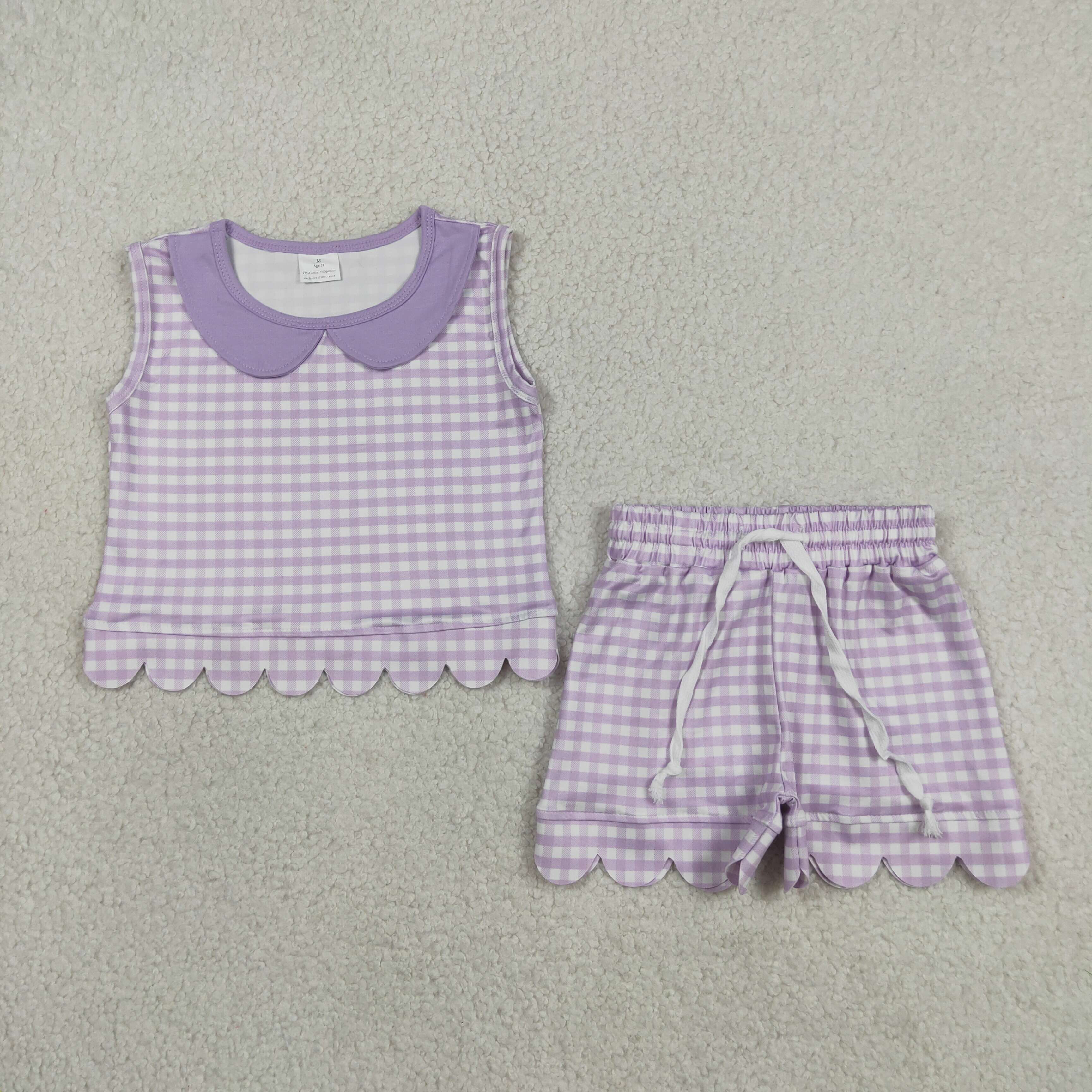 GSSO3396 Purple Plaid  Print sleeveless girl  SCALLOP  outfits