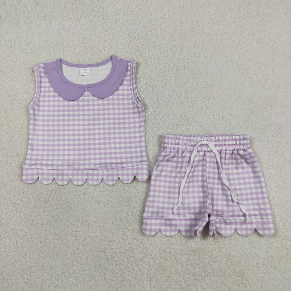 GSSO3396 Purple Plaid  Print sleeveless girl  SCALLOP  outfits