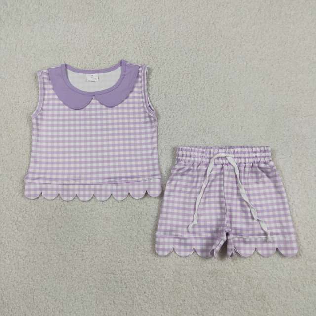 GSSO3396 Purple Plaid  Print sleeveless girl  SCALLOP  outfits