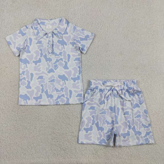 BT1766 RTS Blue Purple camo short sleeve boy outfits