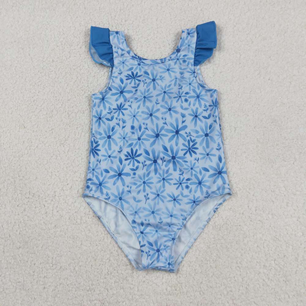 S0515 Blue flowers print girl sleeveless swimsuit