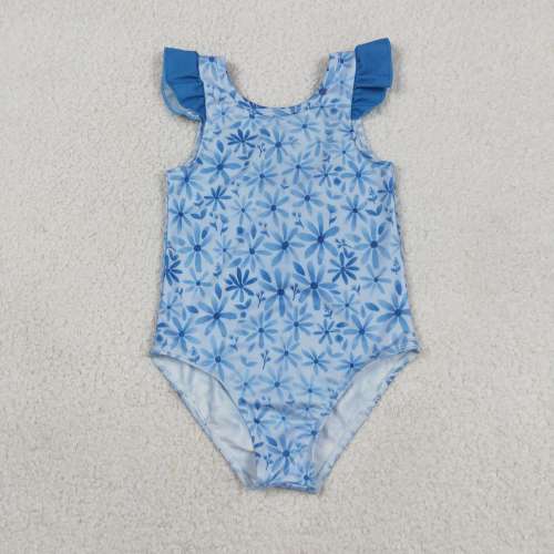S0515 Blue flowers print girl sleeveless swimsuit