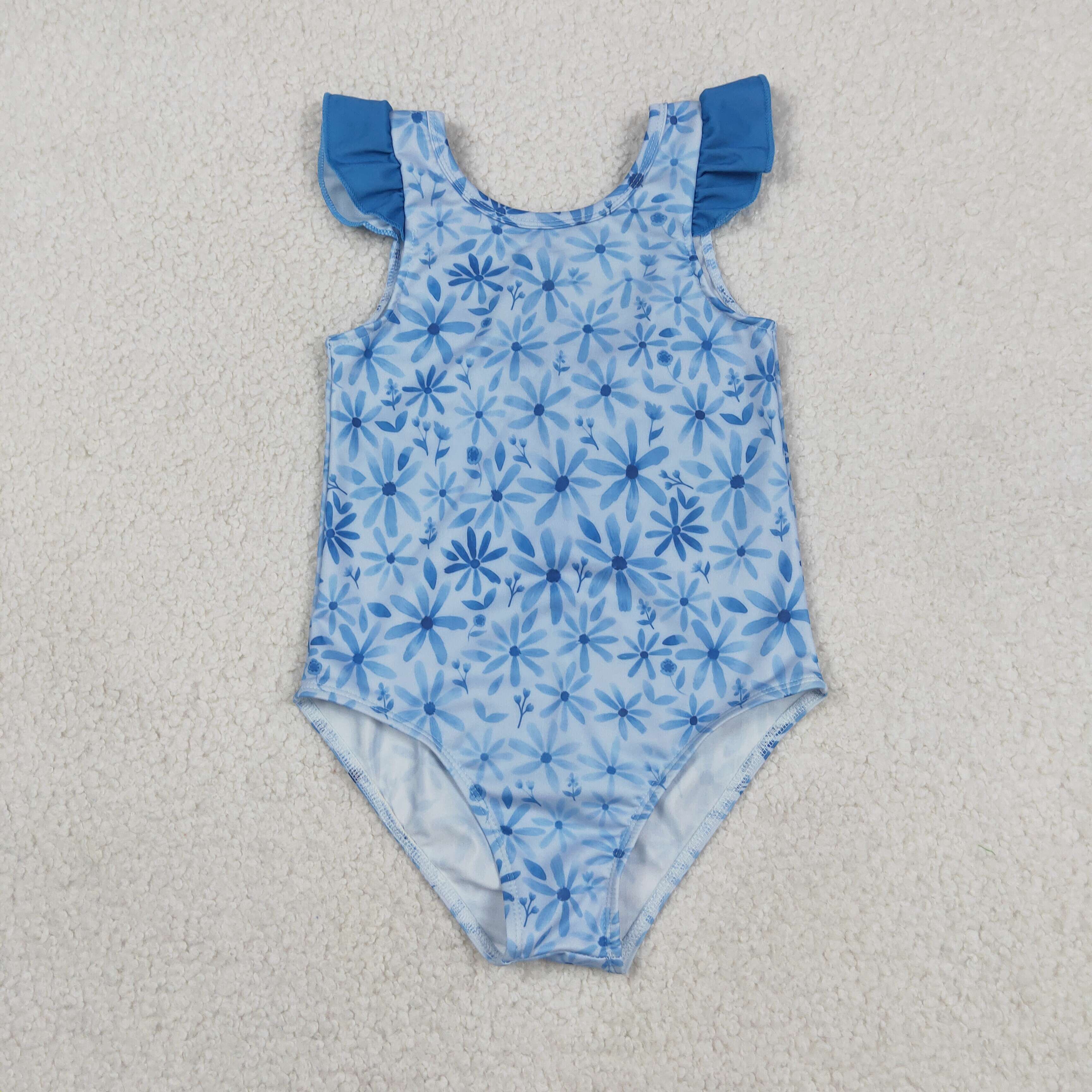 S0515 Blue flowers print girl sleeveless swimsuit