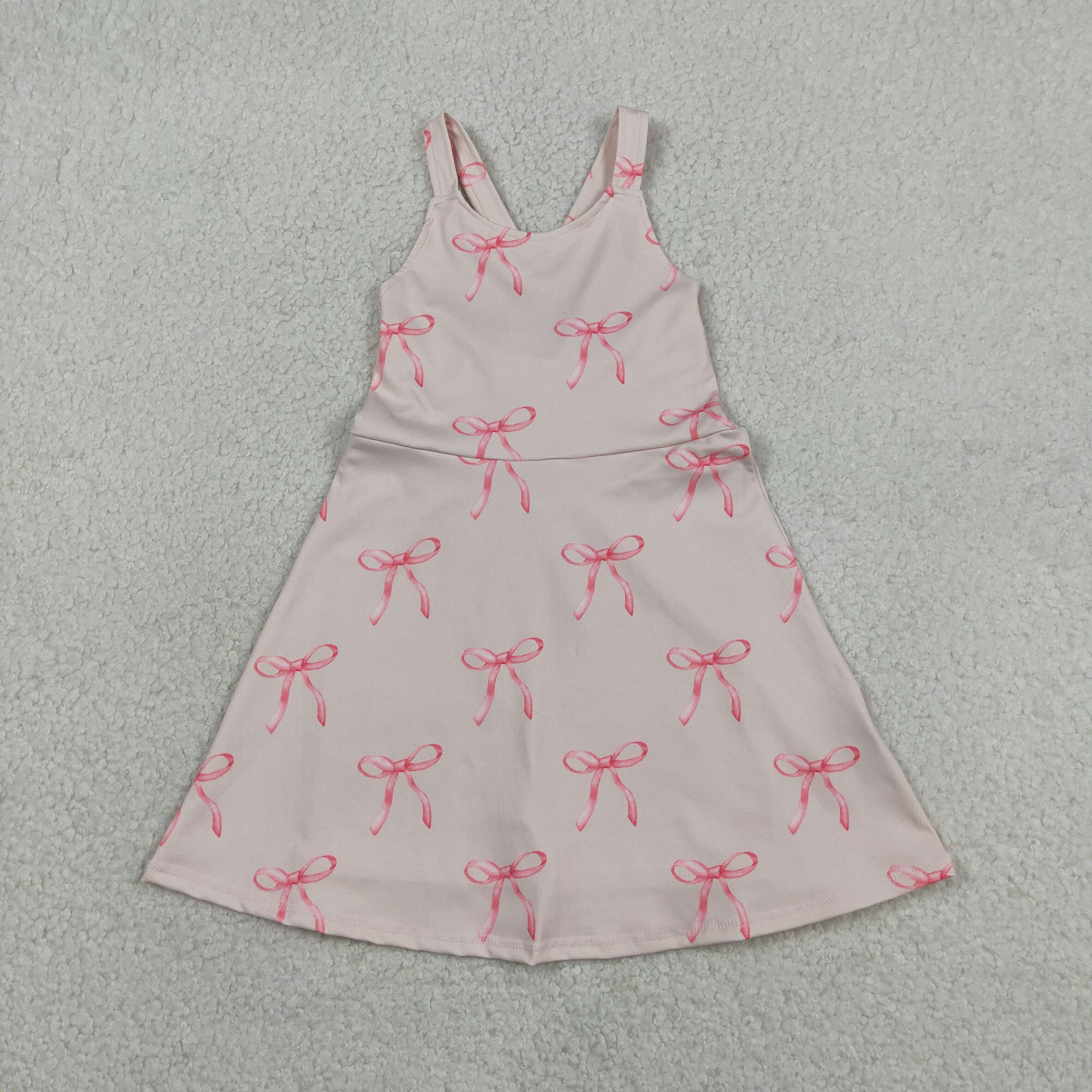 GSD3421 RTS Pink bows print active girl yoga dress