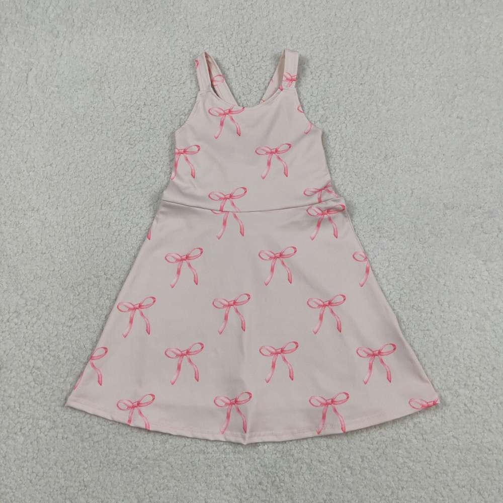 GSD3421 RTS Pink bows print active girl yoga dress