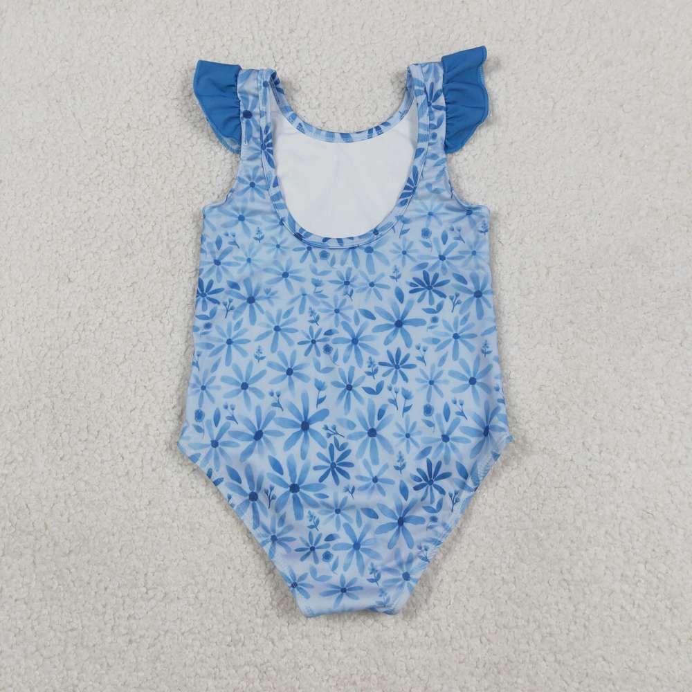 S0515 Blue flowers print girl sleeveless swimsuit