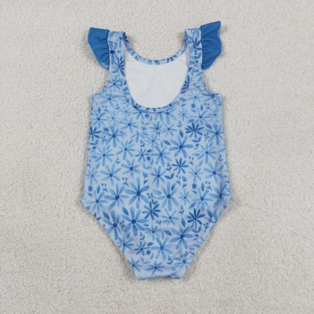 S0515 Blue flowers print girl sleeveless swimsuit