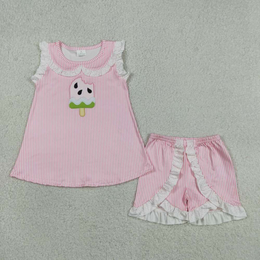GSSO3238  Pink Stripe watermelon  embroidery short sleeve girl outfits