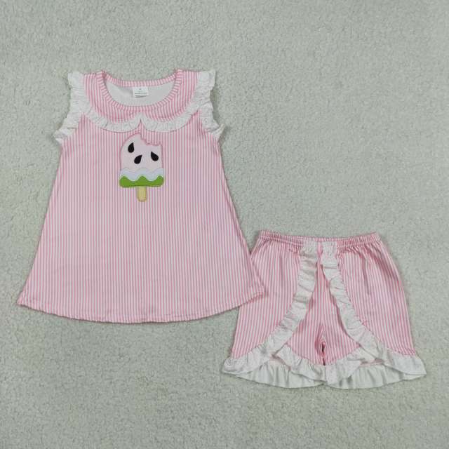 GSSO3238  Pink Stripe watermelon  embroidery short sleeve girl outfits