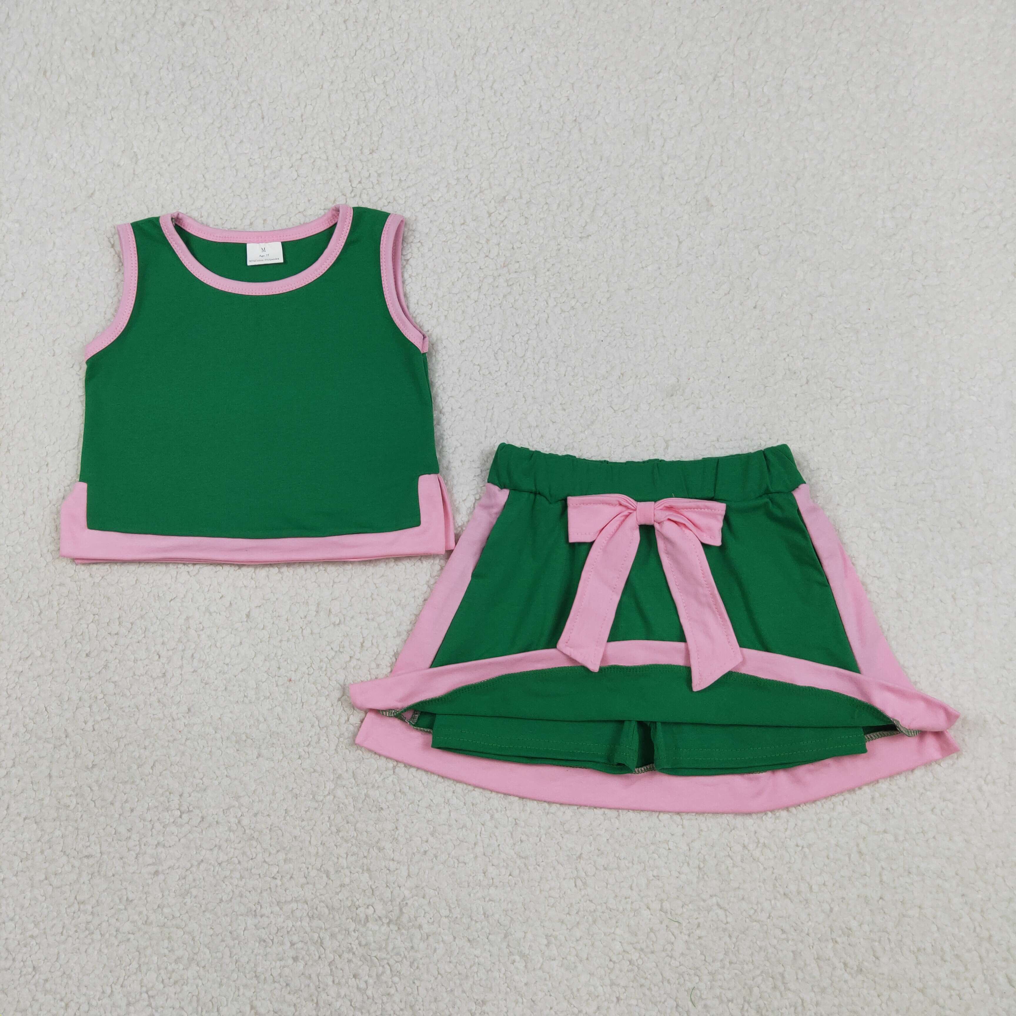 GSD3830  RTS Pink With green girl sleeveless set