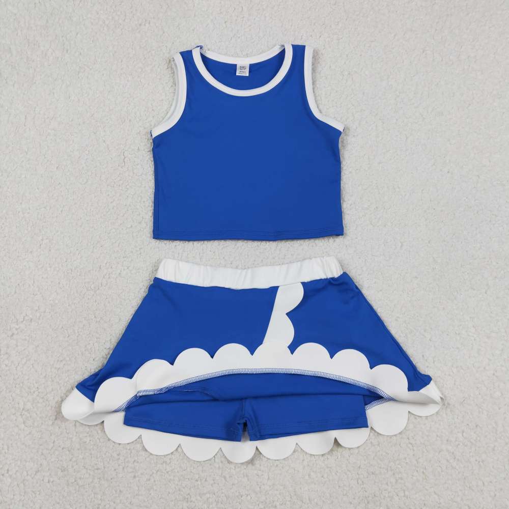 GSD4023 BLUE  white lace Print sleeveless girl yoga SCALLOP athletic Skirt outfits