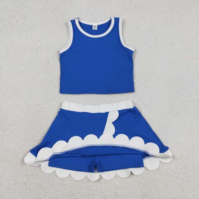GSD4023 BLUE  white lace Print sleeveless girl yoga SCALLOP athletic Skirt outfits