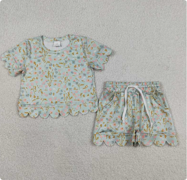 GSSO3266 Green floral and leaf lace short-sleeved shorts set