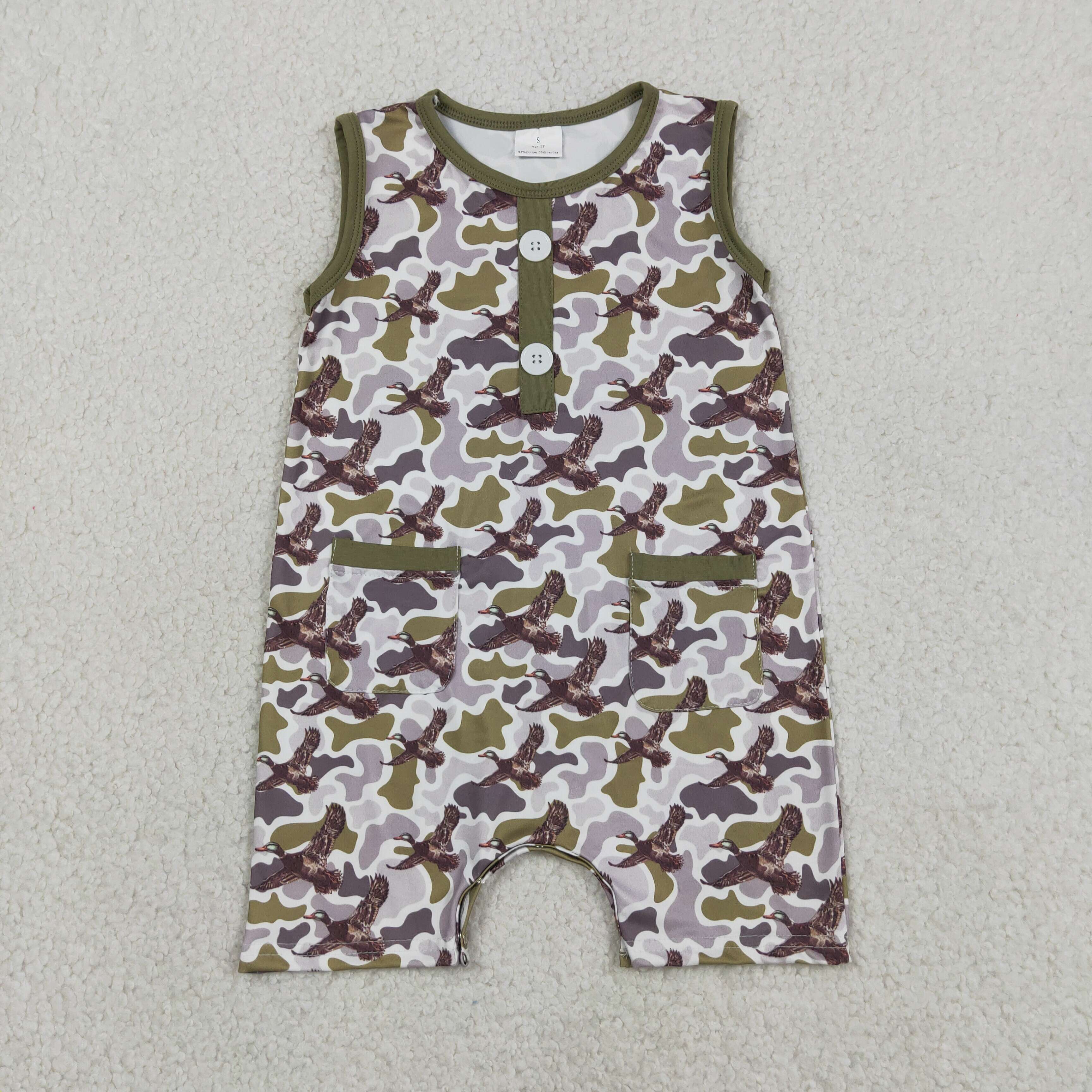 SR3946   Baby Grey camo duck sleeveless Rompers