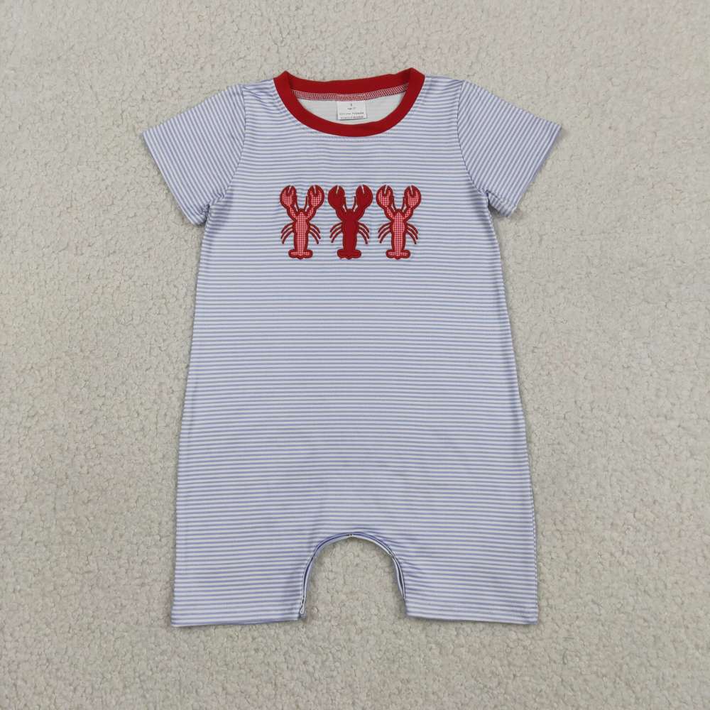 SR4007  Baby Blue stripe crab rmbtoidery short sleeve Rompers