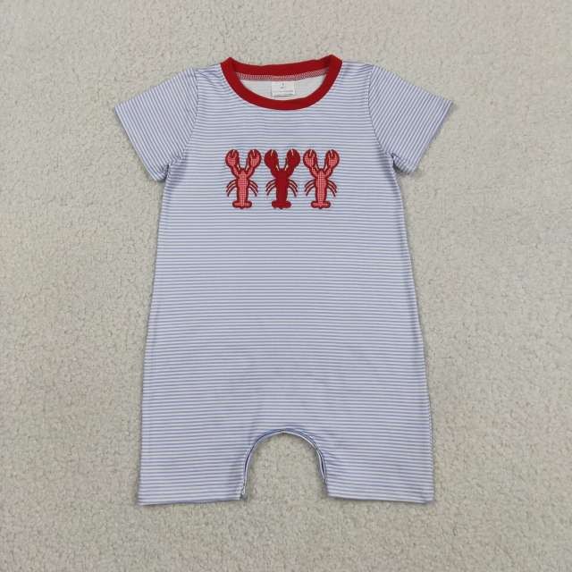 SR4007  Baby Blue stripe crab rmbtoidery short sleeve Rompers