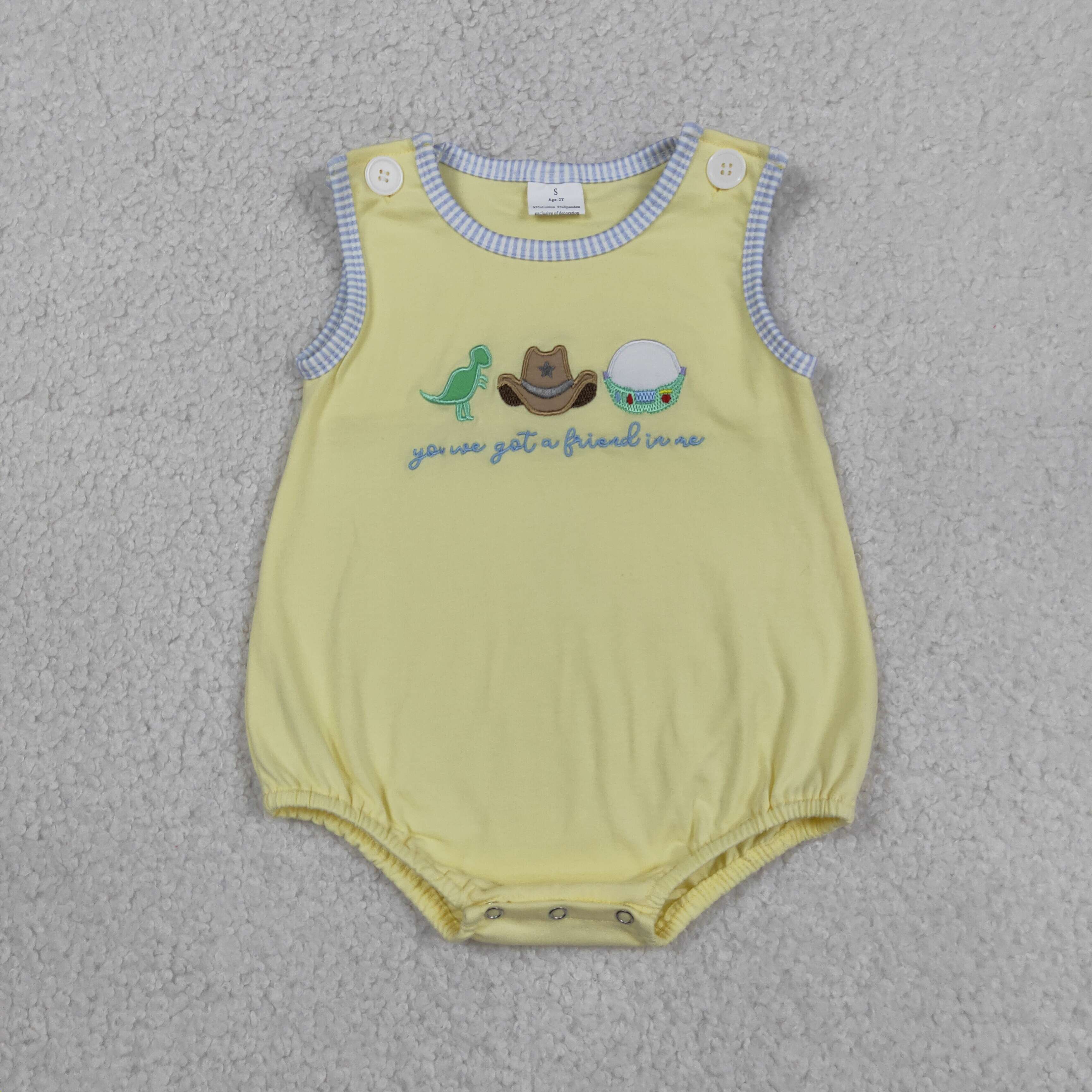 SR4106 Baby  yellow friend turtle hat dinosaur embroidery sleeveless Rompers