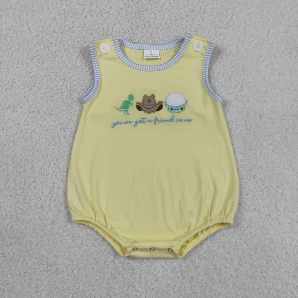 SR4106 Baby  yellow friend turtle hat dinosaur embroidery sleeveless Rompers