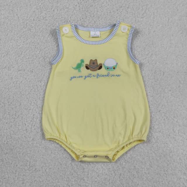SR4106 Baby  yellow friend turtle hat dinosaur embroidery sleeveless Rompers