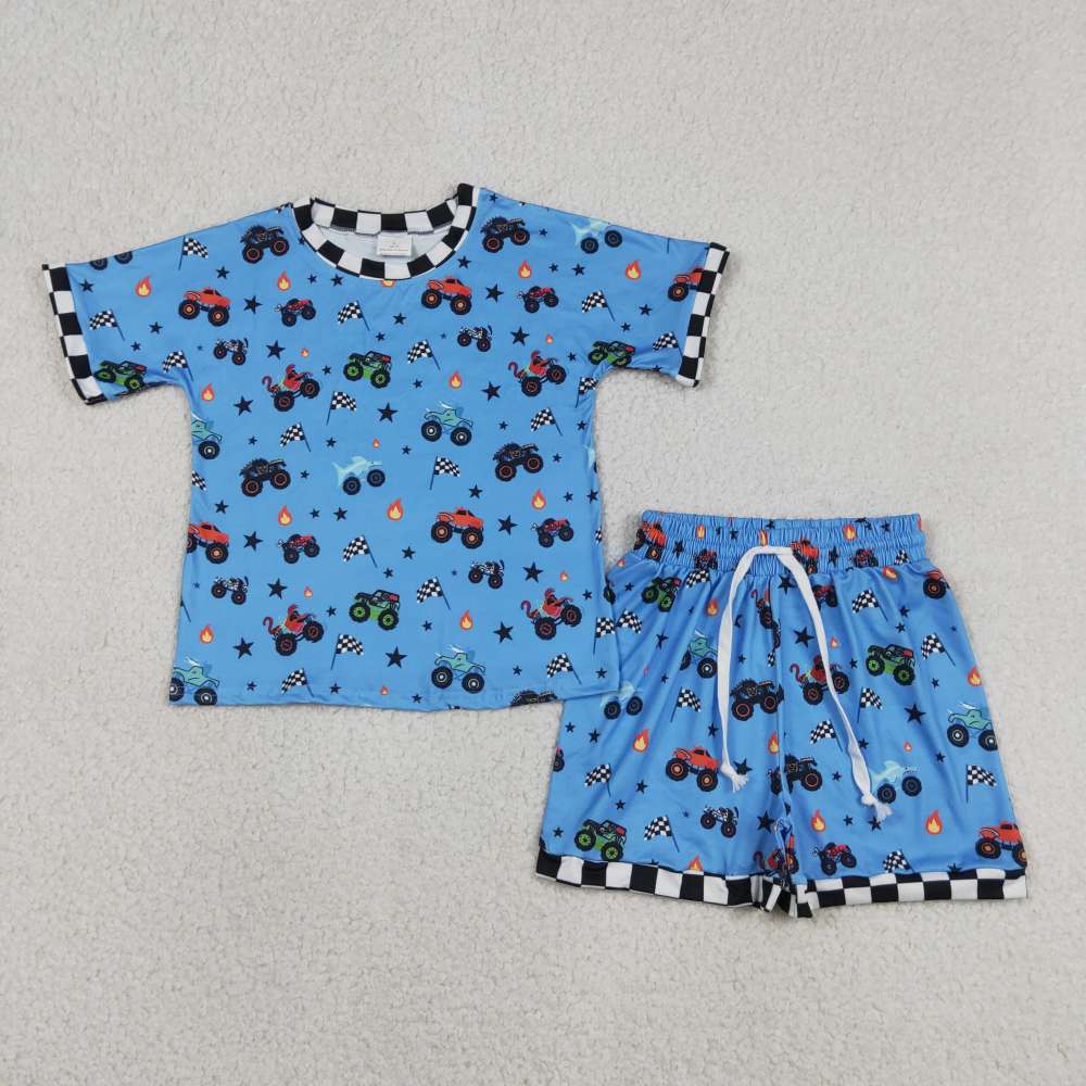 BSSO1641  RTS Blue Tractor short sleeve boy outfits