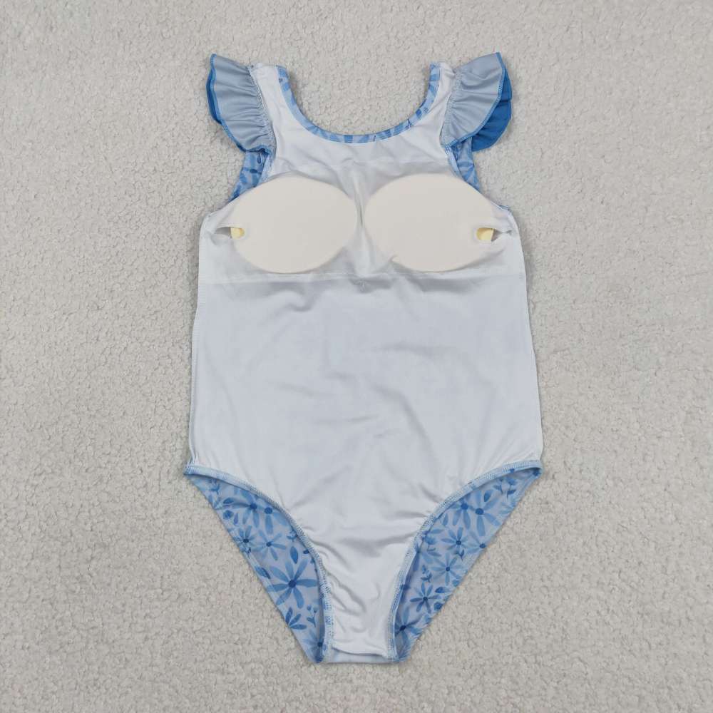 S0515 Blue flowers print girl sleeveless swimsuit