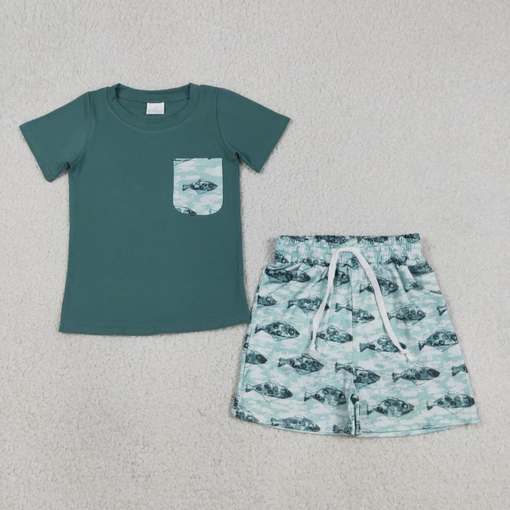 BSSO0838 RTS Green fishes print short sleeve boy outfits