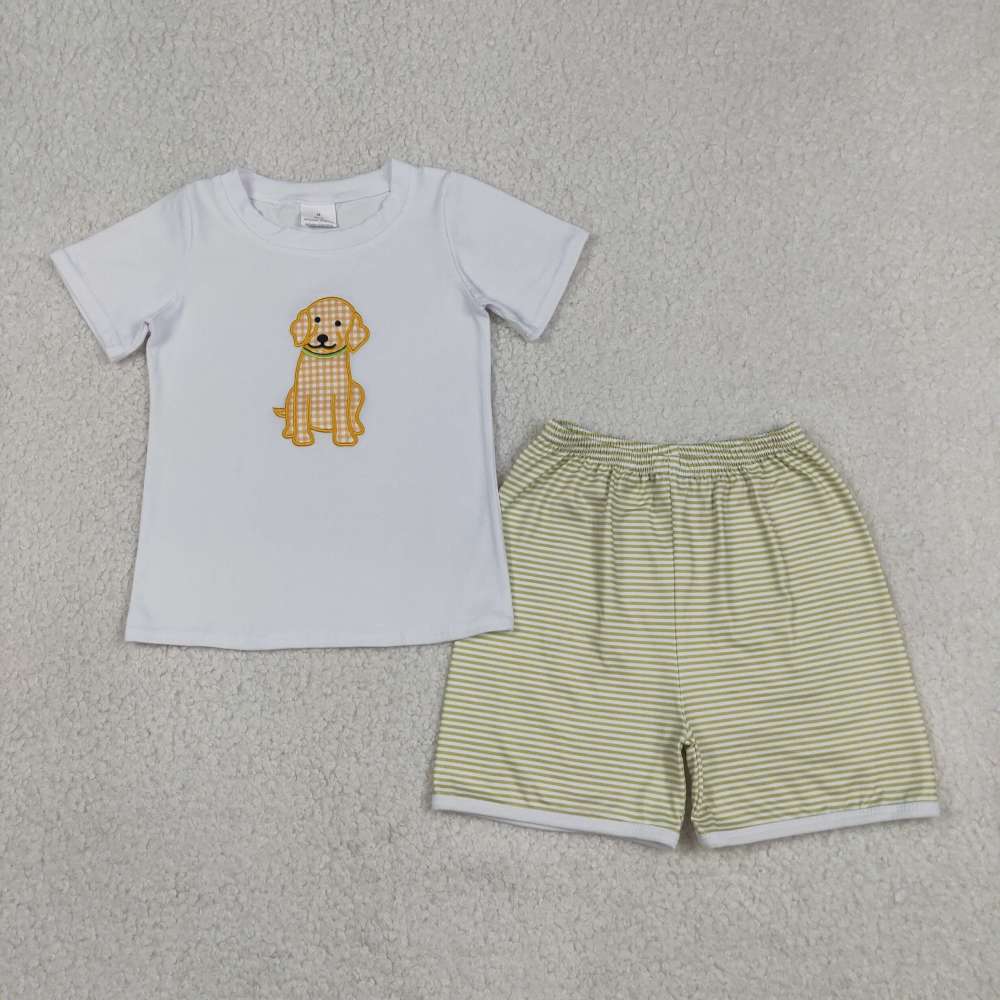BSSO2002  RTS Yellow plaid puppy embroidery short sleeve boy outfits