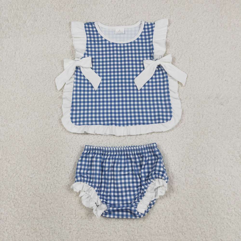 GBO0528   RTS Girl Blue White plaid sleeveless girl bummies