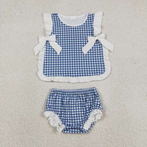 GBO0528   RTS Girl Blue White plaid sleeveless girl bummies