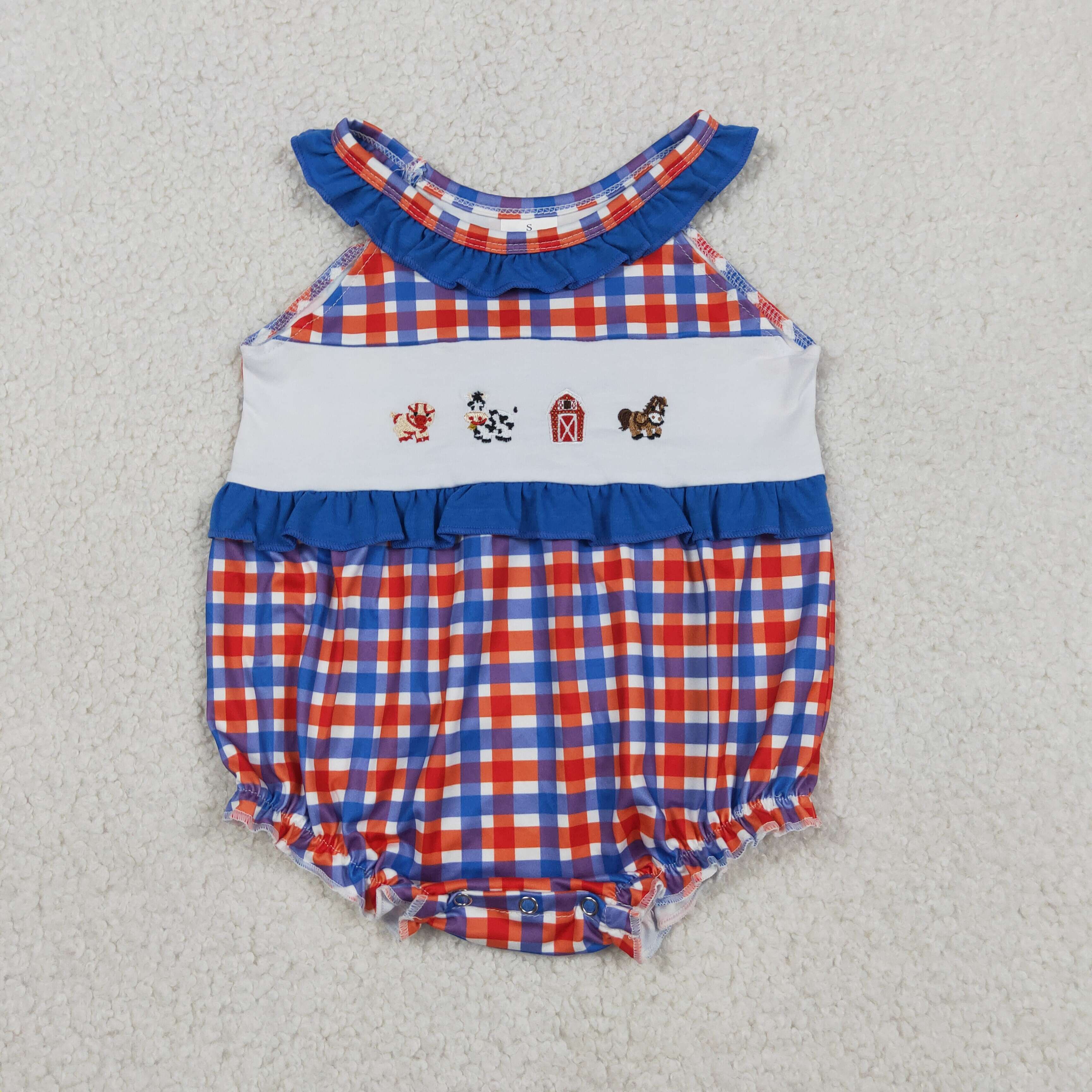 SR3835  Baby red Blue plaid animals embroidery sleeveless Rompers