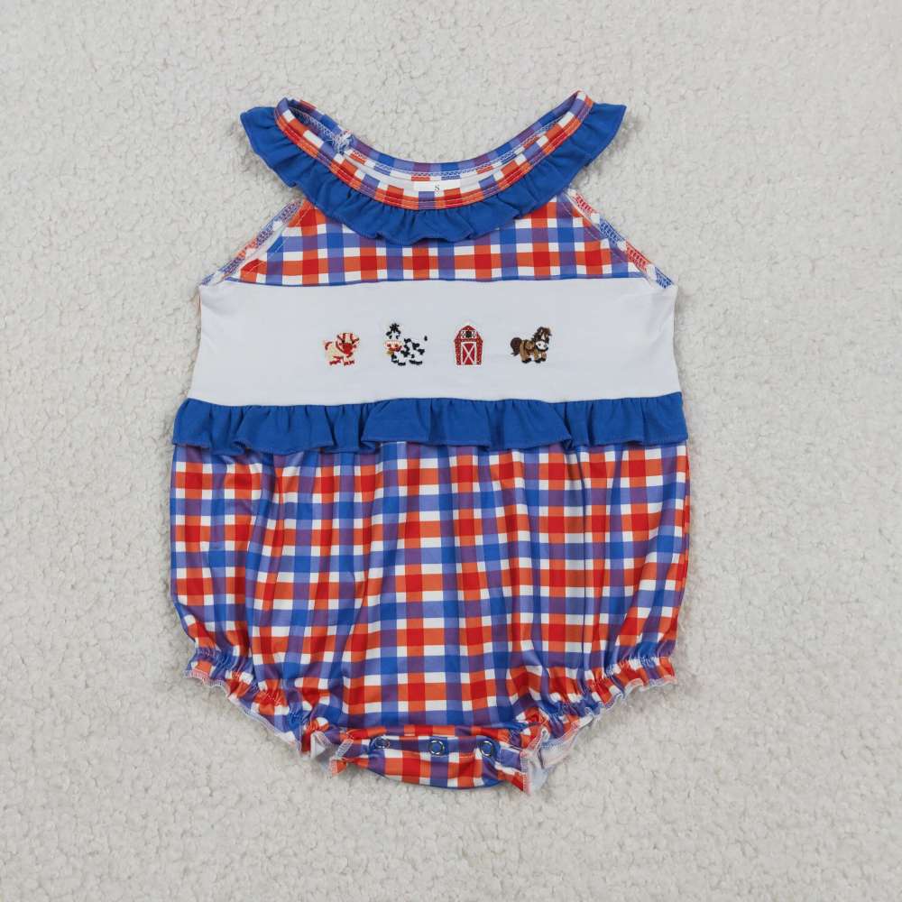 SR3835  Baby red Blue plaid animals embroidery sleeveless Rompers