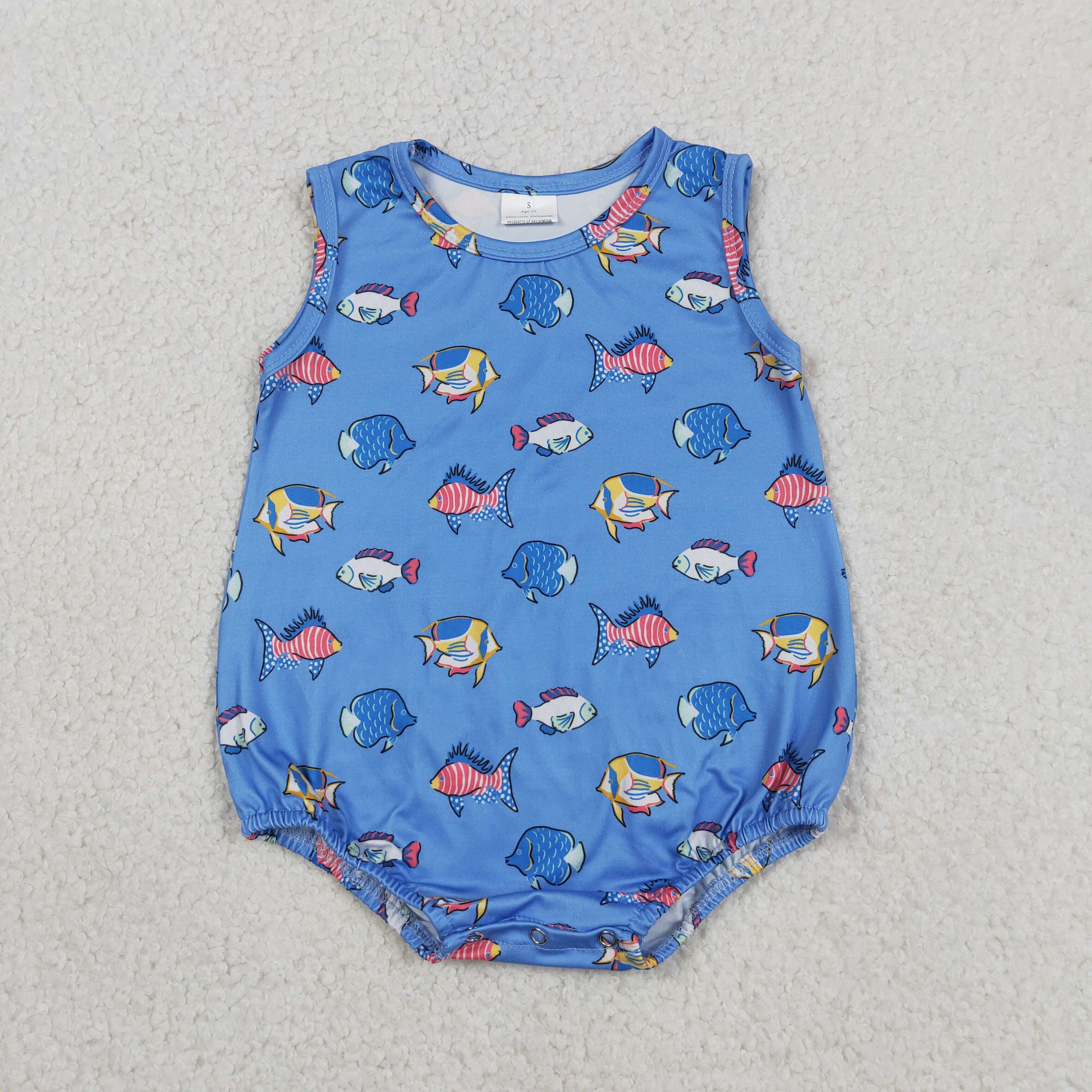 SR4151 Baby BLUE colorful fishes print sleeveless Rompers